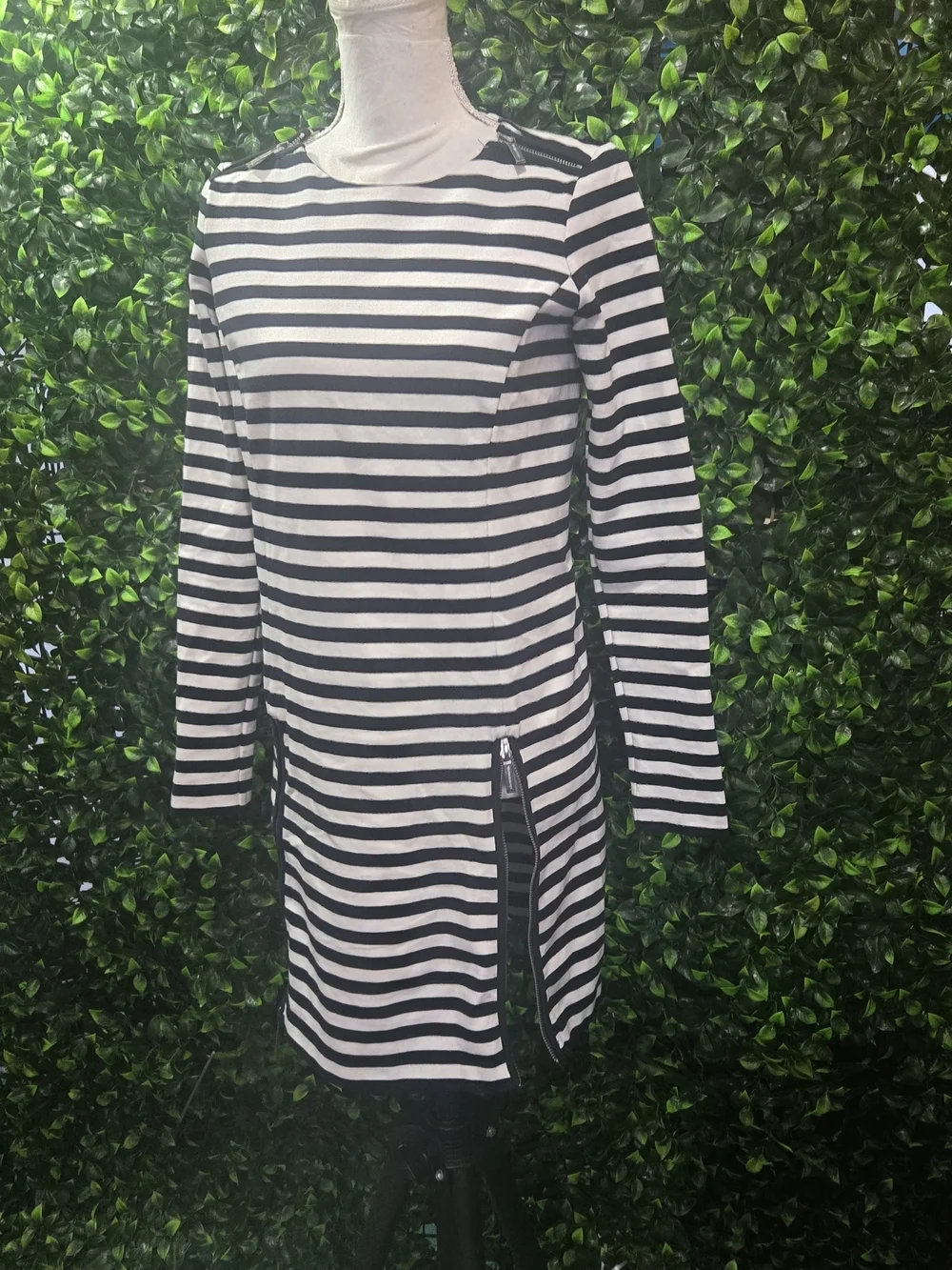 Michael Kors Black and White Striped Long-Sleeve Mini Dress